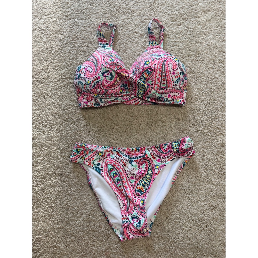 Aqua Couture Pink Paisley Twist Front Bikini Set Size Medium 2 Piece Swimsuit